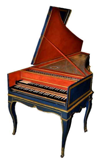 Front view of an 18th-century double manual harpsichord by Jean Goermans, showing decorated soundboard, blue-and-gold exterior, and original seven-legged stand