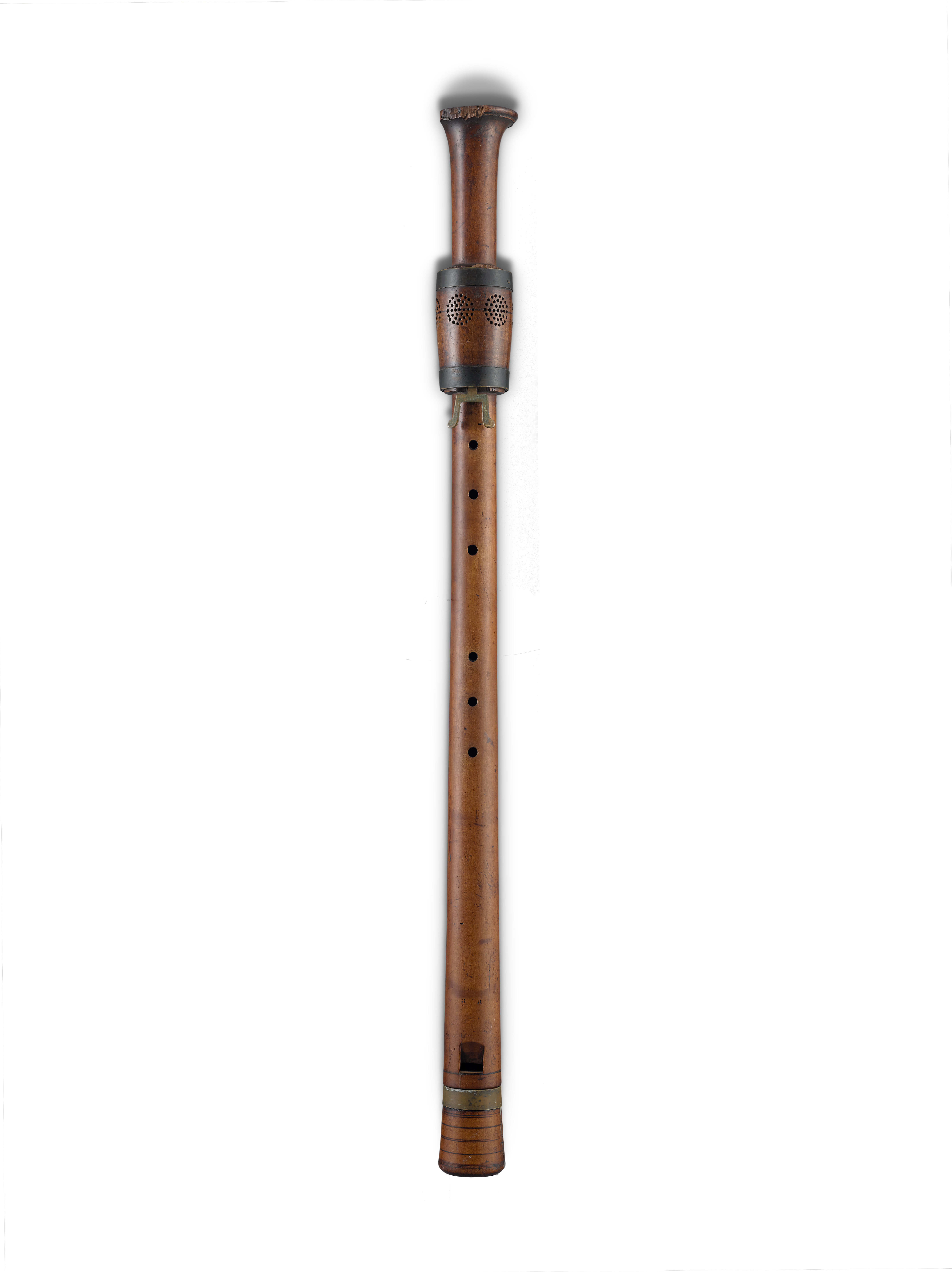Bassano basset recorder made from a single piece of maple, with a long cylindrical body, decorative key cover (fontanelle), and the Bassano family's distinctive moth maker's mark near the bell.